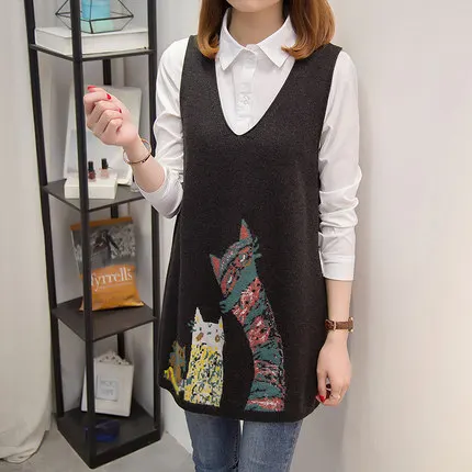 Kawaii Мультфильм Длинный свитер жилет женская мода v-образным вырезом без рукавов Вязанный жилет женский весеннее пальто корейский Свободный жилет Femme - Цвет: Черный