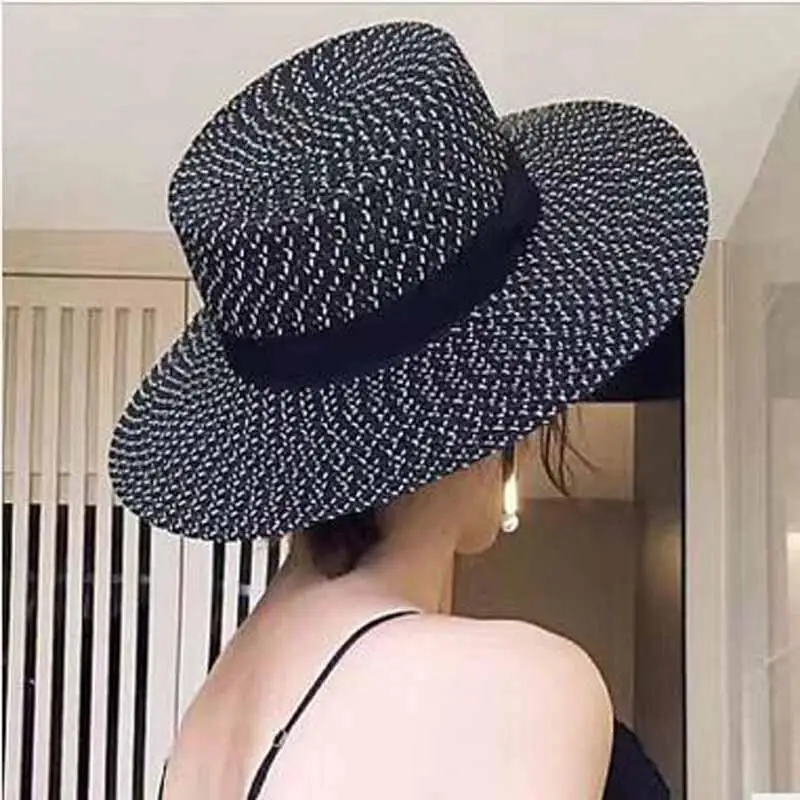 SUOGRY, летняя Новинка, женская черная и белая плоская Солнцезащитная шляпа, соломенные шляпы с бантом, модная пляжная шляпа