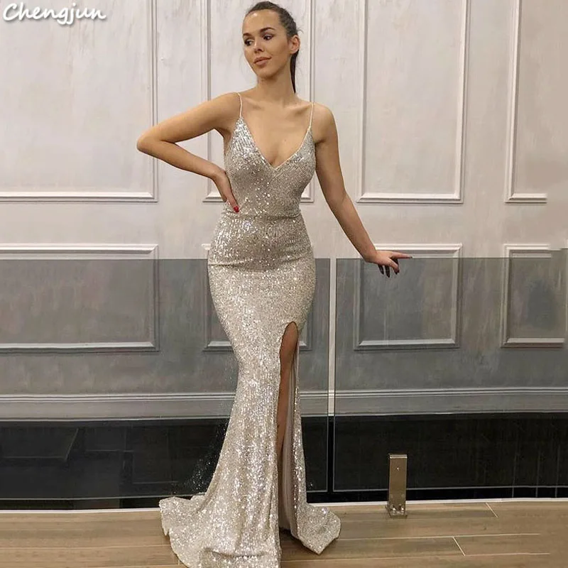 

Chengjun V Neck Sleeveless Party Silver Sexy Gown Glitter Sequin Evening Dress