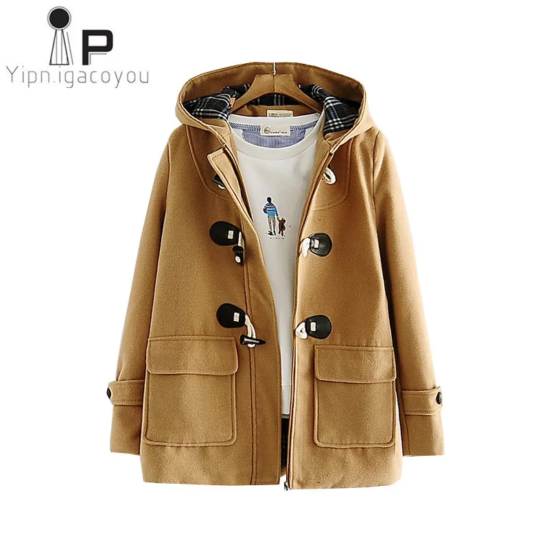 

Ladies Long Winter Coat Women Horn Button Overcoat Hooded Warm Wool Coat Women Elegant Woolen Coats Harajuku Jacket Girl Clothes