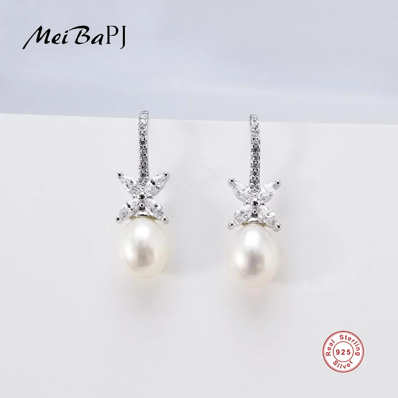 

[MeiBaPJ]Natural Freshwater Pearl Simple Flower Drop Earrings Real 925 Sterling Silver Fashion Earrings for Women