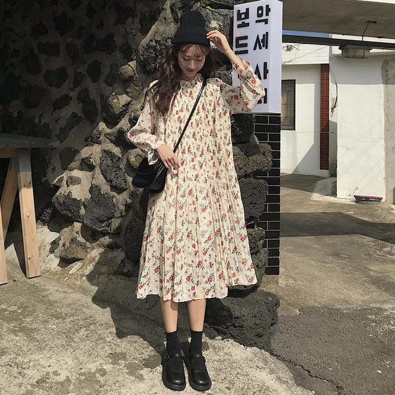 

Autumn Korean temperament loose chiffon shirt dress female small fresh small floral long-sleeved women's dress long section Sexy