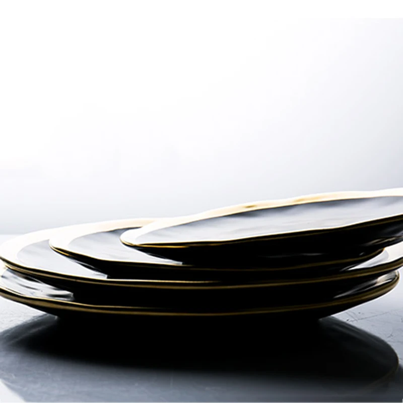 Северной Европы Стиль Керамика Золотой оправой посуда тарелка дома фруктовый салат круглая тарелка Ресторан спагетти стейк набор посуды