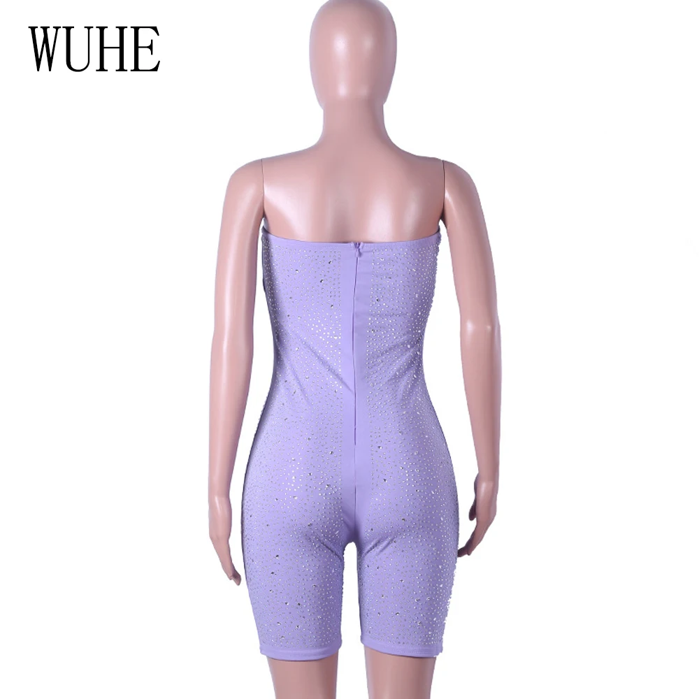WUHE Rhinestone Diamonds Jumpsuit Sleeveless Off Shoulder Club Party Playsuit One Piece Bodysuit Backless Women Romper Overalls
