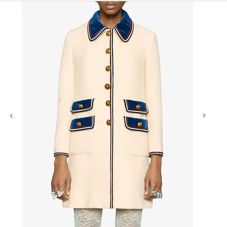 Осенне-зимнее Брендовое женское бархатное Пальто с отделкой головой льва, металлическими пуговицами, передними накладными карманами, твидовое шерстяное пальто контрастных цветов