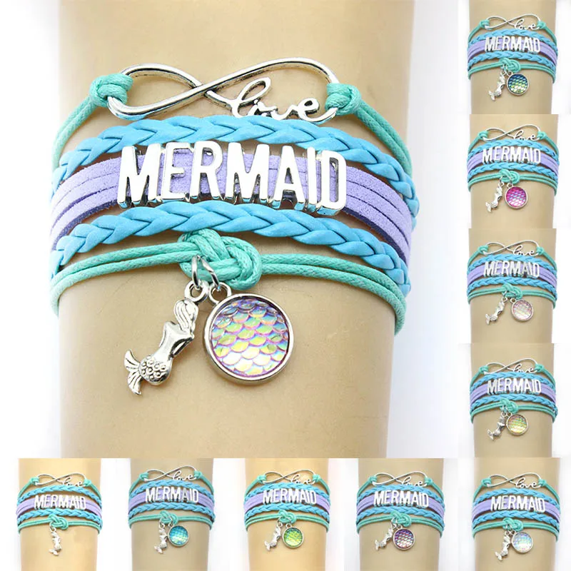 

10PC/lot Infinity Love Mermaid Dome Cabochon Charm Wrap Bracelets Mermaid Braid Charms Bracelet Women & Men Bracelets Jewelry
