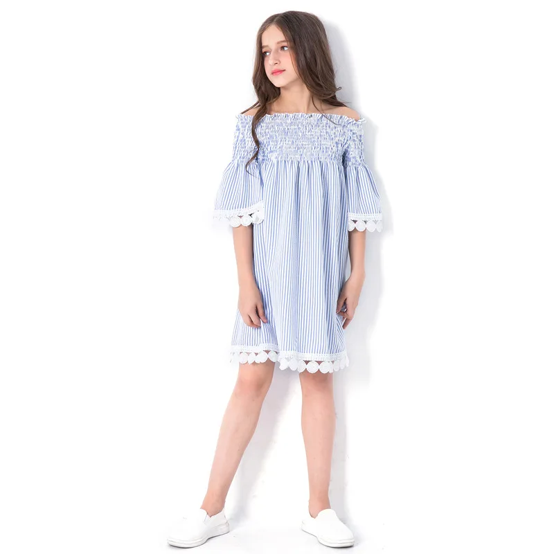 Платье для девочек-подростков, модное платье в полоску, с открытыми плечами летнее Детский костюм принцессы для вечеринки для девочек 6, 7, От 8 до 15 лет