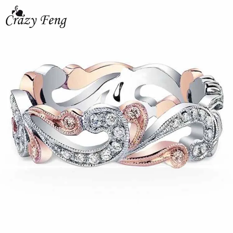 

2018 New Elegant Wedding Rings Band For Women Hollow Out Crystal Peach Bague Anel Assorted Silver/Rose Gold Color Jewelry Ring