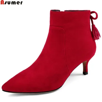 

Asumer red black fashion autumn winter women boots pointed toe zipper cross tied ladies kid suede high heels leather anke boots