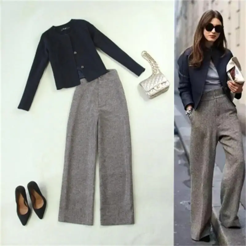 Mode pak vrouwelijke winter/lente Nieuwe hoge kwaliteit grote maat Tibetaanse blauw korte jas + hoge taille wijde pijpen broek pak vrouwen Mode pak vrouwelijke winter/lente Nieuwe hoge kwaliteit grote maat Tibetaanse blauw korte jas + hoge taille wijde pijpen broek pak vrouwen