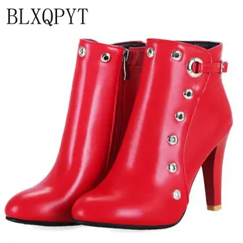 

BLXQPYT Women Boot Autumn Winter Short Boots Med high Heels 10cm Lace up Martin Ankle Boots Shoes woman Plus Size 34-48 888-1