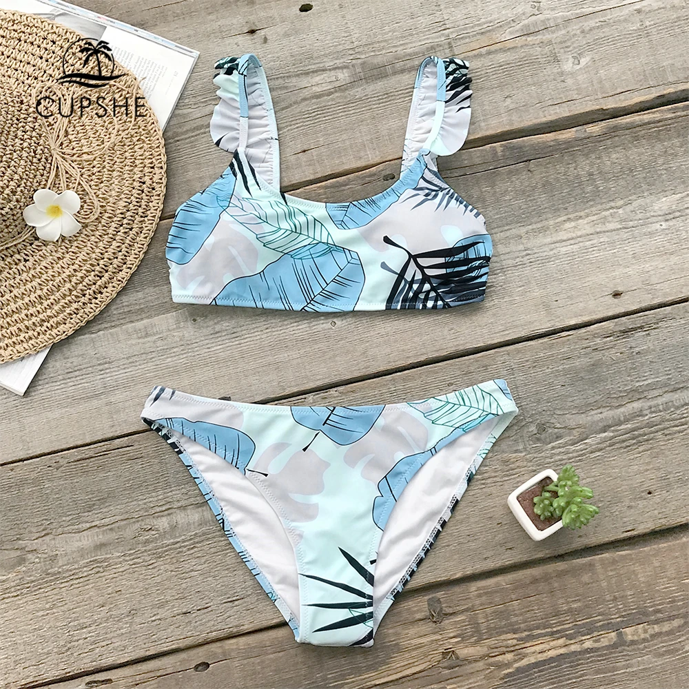 CUPSHE Leaves Print Ruffle Tank Bikini Sets Women Boho Two Pieces Swimsuits 2019 Girl Cute Beach