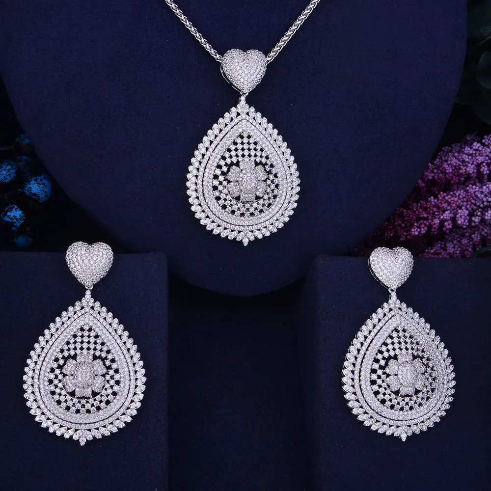 GODKI 68mm Flower Leaf Wreath Luxury 2 Tone Women Wedding Naija Bridal Cubic Zirconia Necklace Earring Dubai Dress Jewelry Set