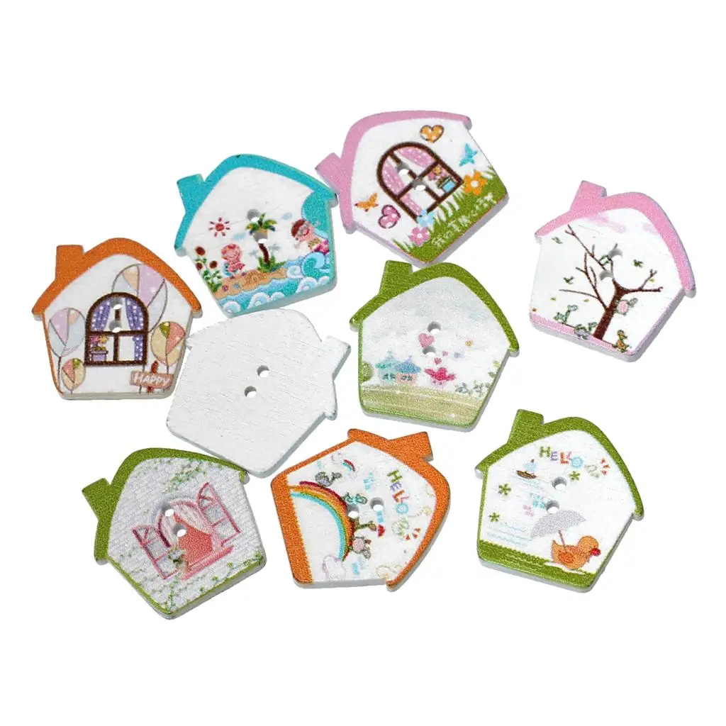 

Wood Sewing Button Scrapbooking House Two Holes At Random Pattern 26.0mm(1")x 26.0mm(1"),50 PCs new