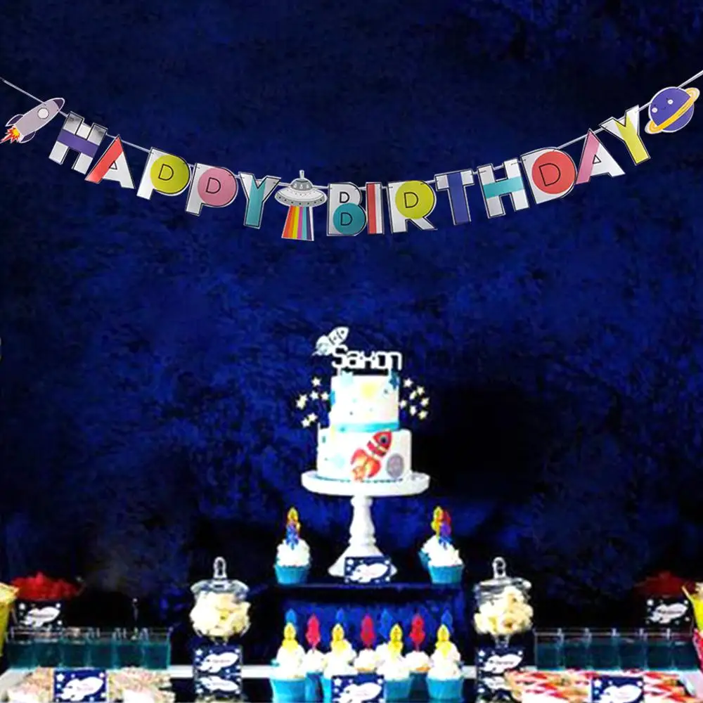 

Outer Space Adventure Theme Party Decorations Happy Birthday Banner Bunting Garland Astronaut Spaceship Rocket Baby Shower Boy
