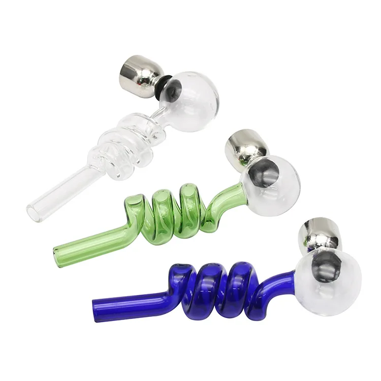 

EKJ YD299 Mini Small Spiral Glass Pipe with Metal Bowl Creative Multi-color Pipe Accessories Dropshipping Tobacco Smoking Pipe