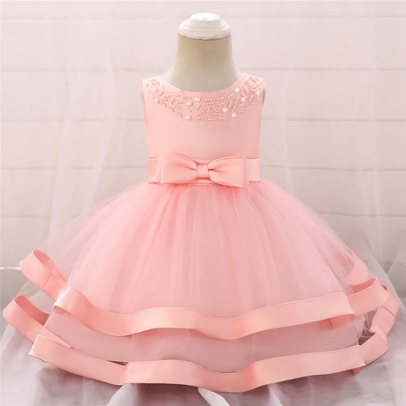 Платья для малышей, Украшенные бусинами, с цветами, для девочек 1 года, платье на день рождения, праздничное платье, крещение новорожденных, платье для малышей, летнее платье для девочек - Цвет: Розовый