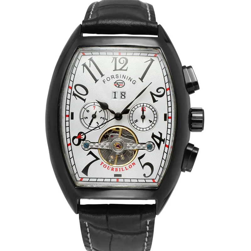 Forsining Топ Роскошные автоматические мужские часы механические часы Tourbillon Мужские спортивные прямоугольные часы мужские кожаные Ретро наручные часы - Цвет: black white
