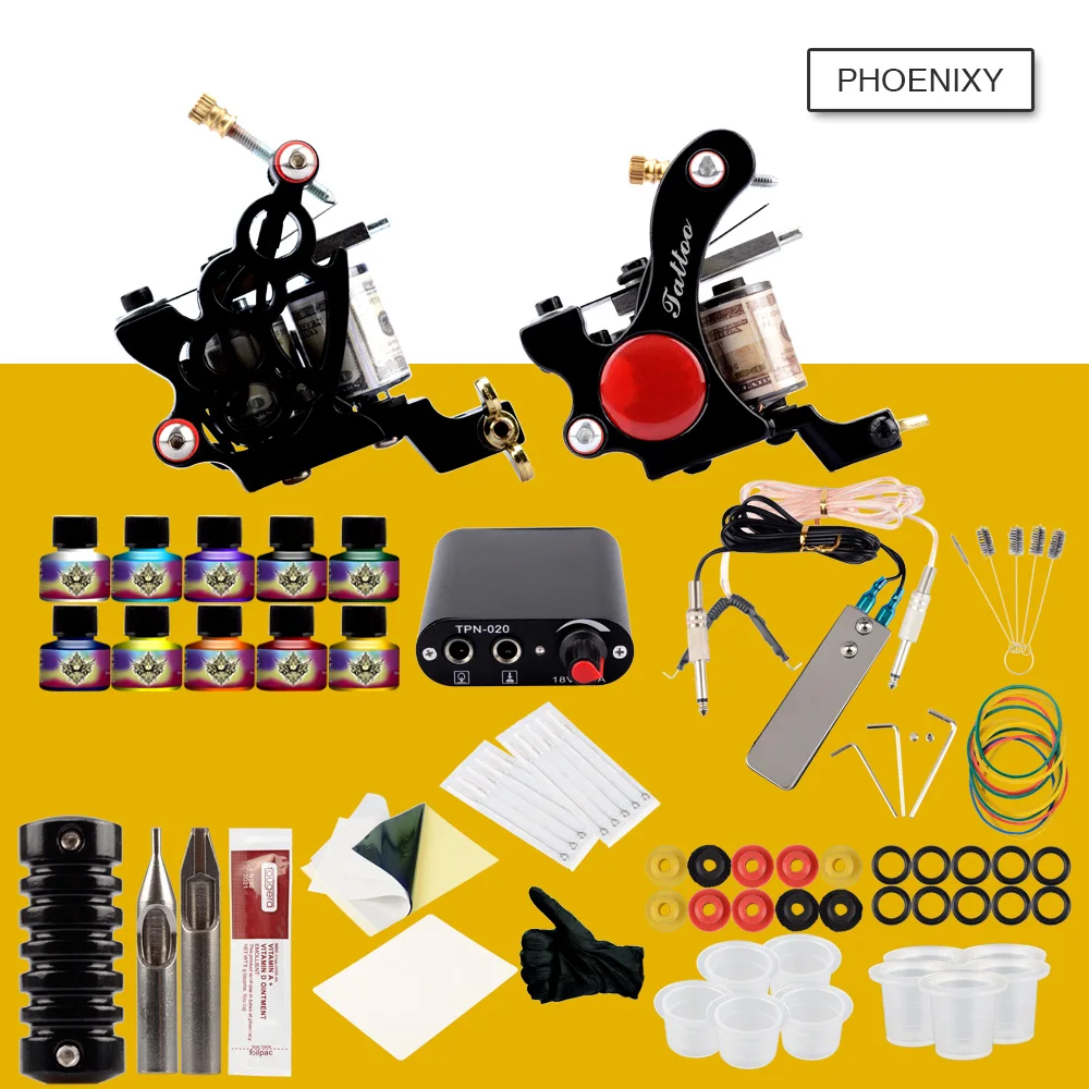

Complete Tattoo Kit 2 Tattoo Machines Gun 10Pcs Ink Set Power Supply Grips Body Art Tools Set Tattoo Permanent Makeup Tattoo set
