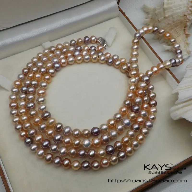 

free shipping gold AAA 7-8mm south sea round gold pink multicolor pearl necklace 38inch