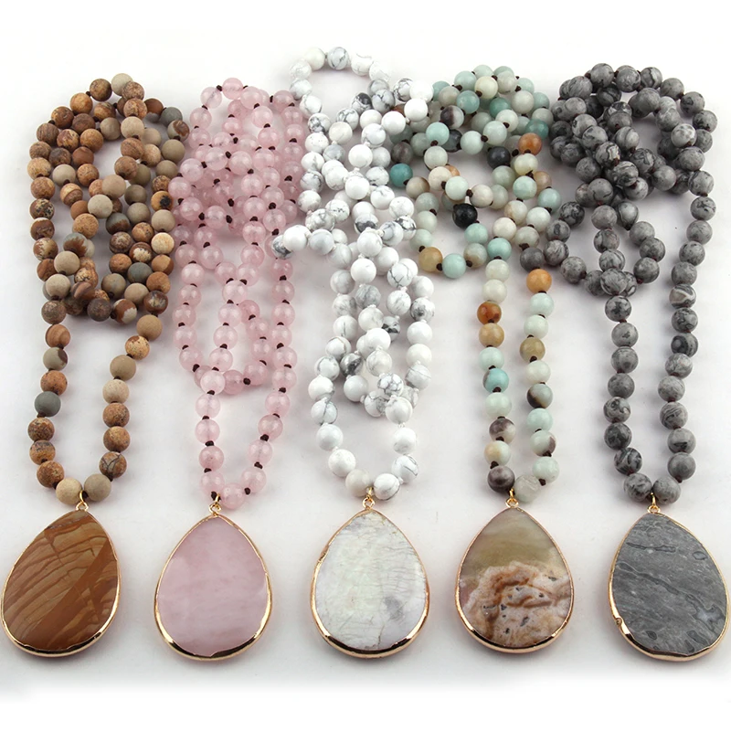 Free Shipping Fashion Bohemian Jewelry Natural Stone Knotted Stone Matching Stone Drop Pendant Necklaces For Women