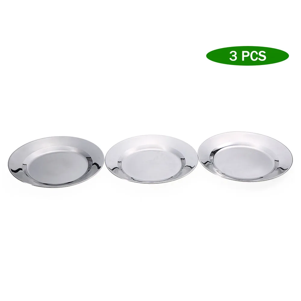 

3 PCS Stainless Steel Dish Plate 9.6IN Round Dinner Plate Outdoor Camping Picnic BBQ Cookout Utensil