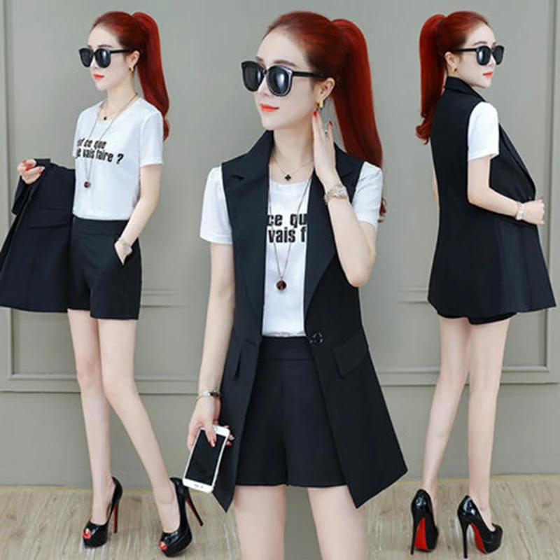 

Spring summer Women Three piece set Casual tops + shorts Female Office Fashion Suit Set Women Costumes top 3 Piece Set