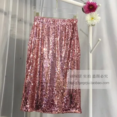 pink Cakucool Полный юбка с пайетками тонкий прямой средней длины юбки для женщин украсить юбки с бисерным украшением Shimmer прямо Bodycon Сексуальная юбка карандаш - Цвет: pink