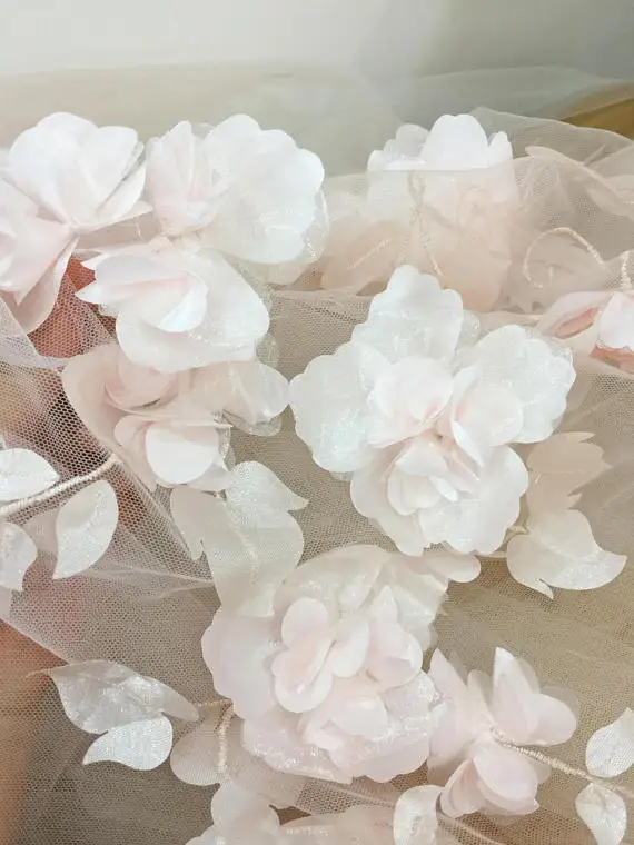 1 ярд 3D полный цветок тюль кружевная ткань в румян с белым, мягкое Свадебное платье из тюля свадебное платье для выпускного вечера ткань