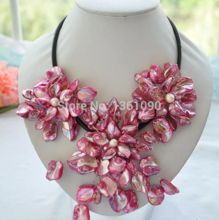 

00439 Handmade 18" pink shell Knitting flower leather chain necklace