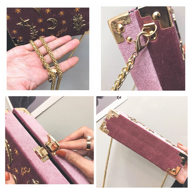 Goedkoop Moon Stars Box Bag Vrouwen Fluwelen Mini Crossbody Bag Fashion Brand Designer Squre Handtassen Met Kettingen Nationale Borduurwerk Koreaanse