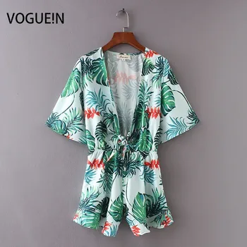 

VOGUEIN New Womens Summer Tropical Leaves Print V-Neck Playsuits Jumpsuit Wholesale