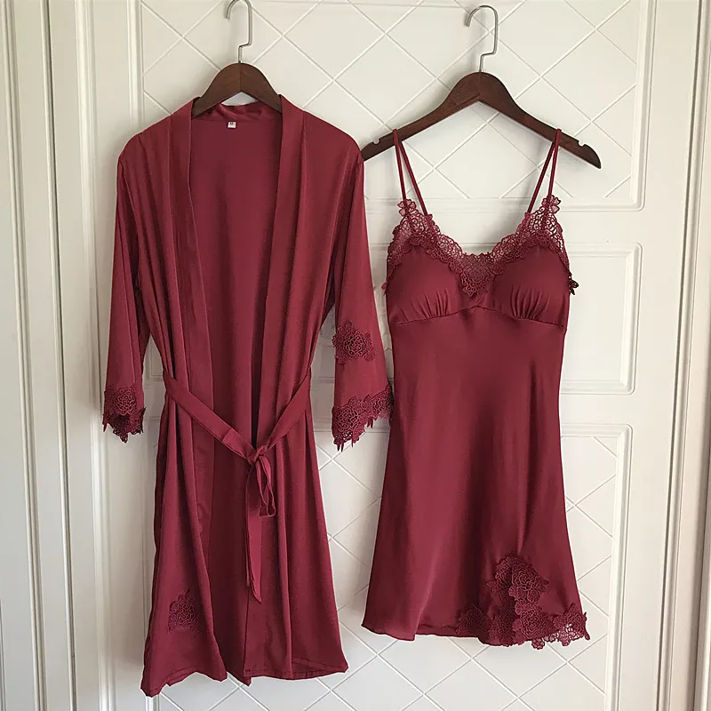 

BZEL New Women Ladies Sexy Satin Silk Night Dress Bathrobe Nightgown Sets Lace Kimono Lingerie Nightwear Sleepwear Robe Pijamas