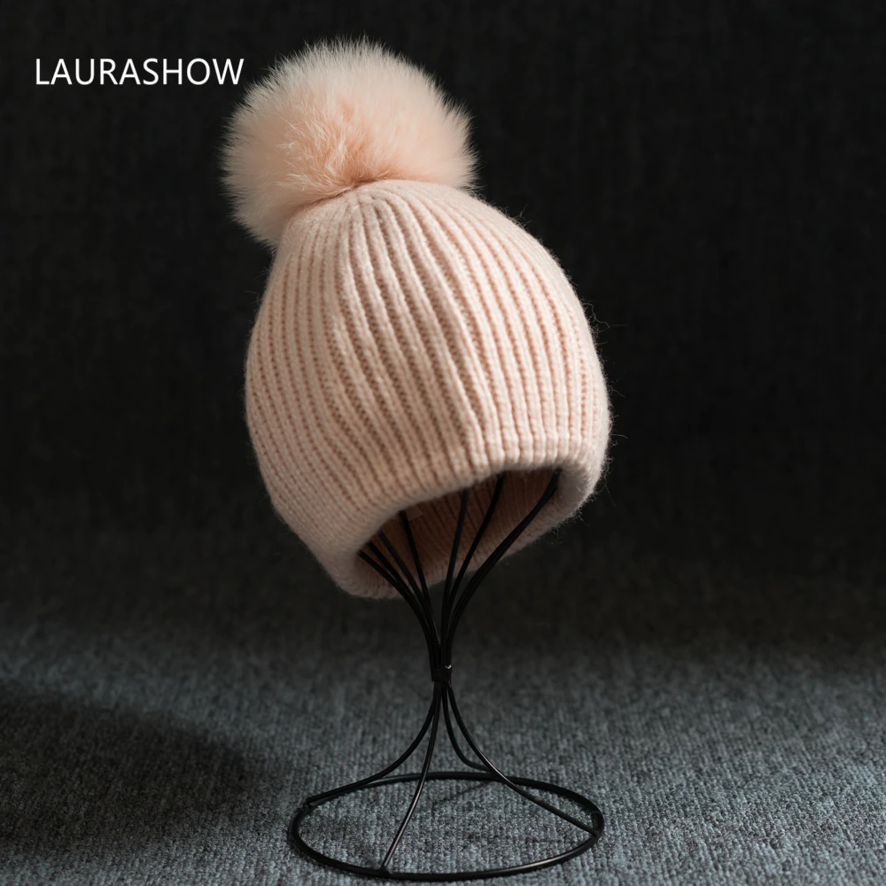 LAURASHOW, зимняя брендовая шапка для взрослых, 14 см, натуральный шарик из меха лисы, помпоны, шапка для женщин, вязаная шапка, шапка Skullies, женские шапочки