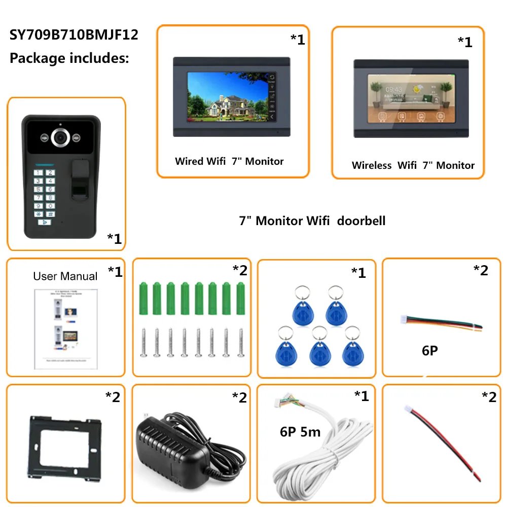 SmartYIBA отпечатков пальцев RFID пароль 7 дюймов ЖК-дисплей Wi-Fi Беспроводной видео дверь домофон комплект с 2 монитора(1 Беспроводной