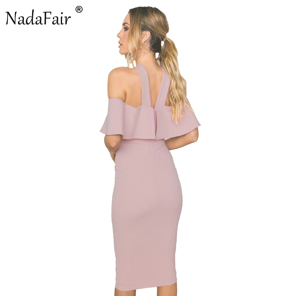 Nadafair оборками Холтер обтягивающее сексуальное Клубное женское вечернее платье Летнее облегающее платье миди размера плюс элегантное платье Vestido
