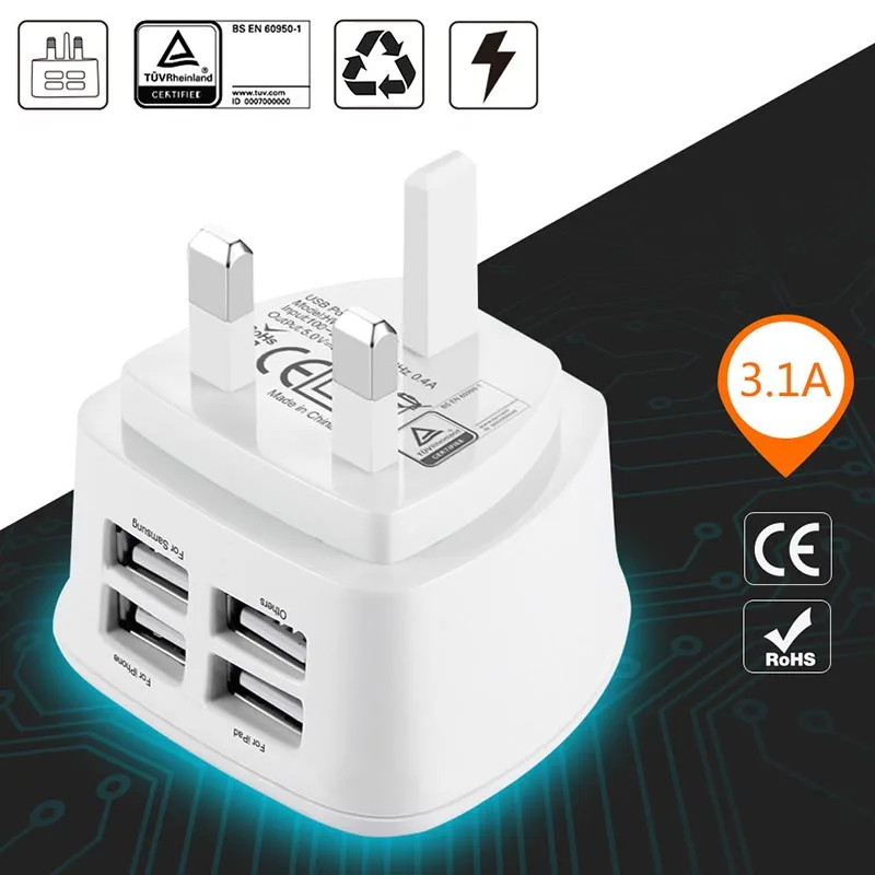 شاحن 4 منافذ USB المملكة المتحدة التوصيل محول الشحن المحمولة ل الهاتف المحمول أقراص XXM8