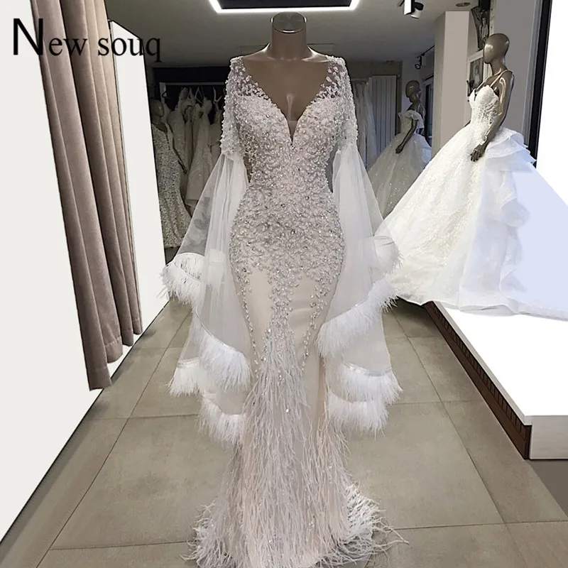 White Evening Dresses Feather Long Sleeves Mermaid Wedding Party Gowns 2019 Couture V Neck Tulle Beaded Crystals Prom Dresses White Evening Dresses Feather Long Sleeves Mermaid Wedding Party Gowns 2019 Couture V Neck Tulle Beaded Crystals Prom Dresses