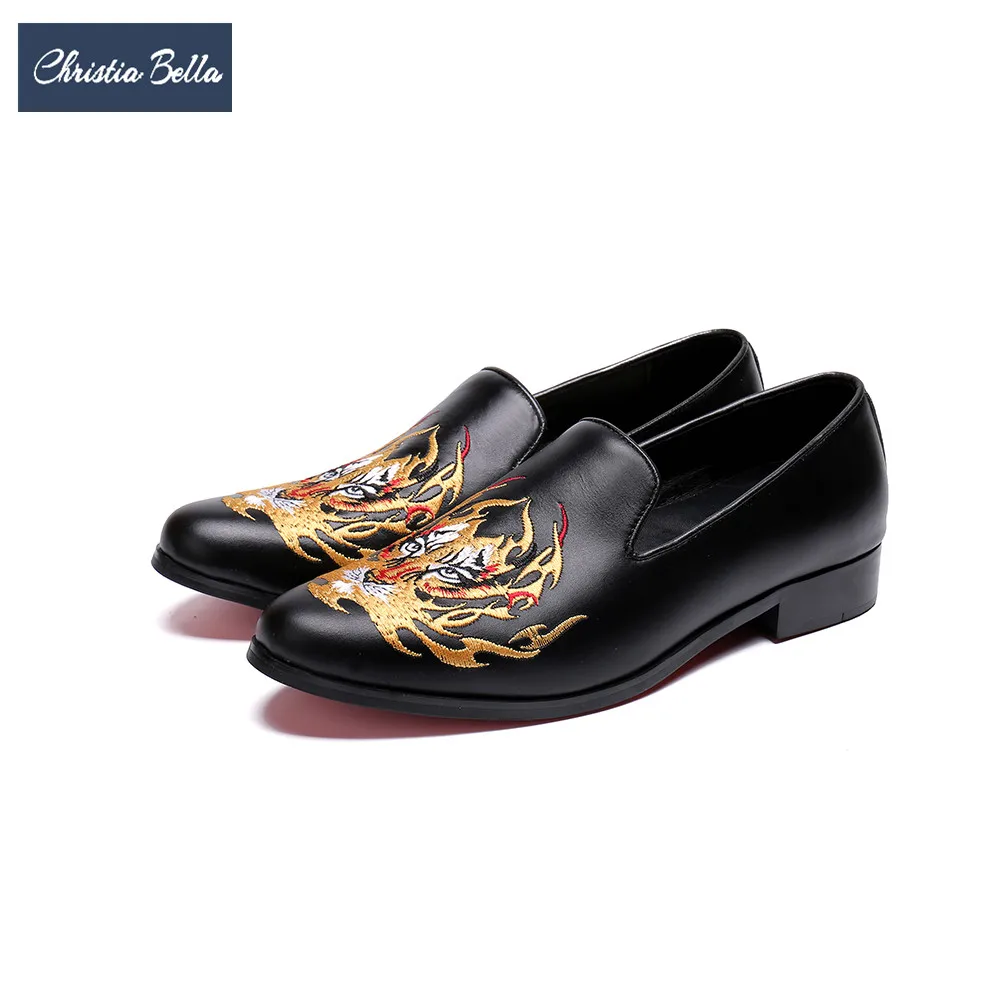 

Christia Bella British Style Genuine Leather Embroidery Men Loafers Party Wedding Men Dress Shoes Slip On Casual Leather Shoes