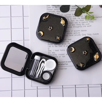 

Portable Contact Lens Case Kit Holder Contact Lenses Box Moon Star Space with Mirror for Women