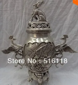 

Elegant Carvings 12"inch Tibet Silver Dragon Kylin Statue Bronze Flower Phoenix Incense Burner Censer