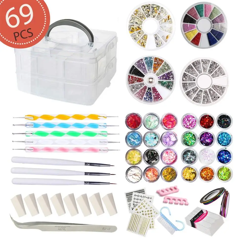 

69PCS DIY Nail Art Tools Decoration Manicure Kit Glitter Nail Rhinestones Nail Sticker Decal Nail Sequins Dotting Pen with Gift