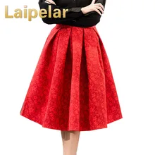 Laipelar осень ретро Высокая талия юбка Для женщин Элегантный женский жаккардовая мини плиссированные юбки до колена Длина Saias линии Красный Jupe