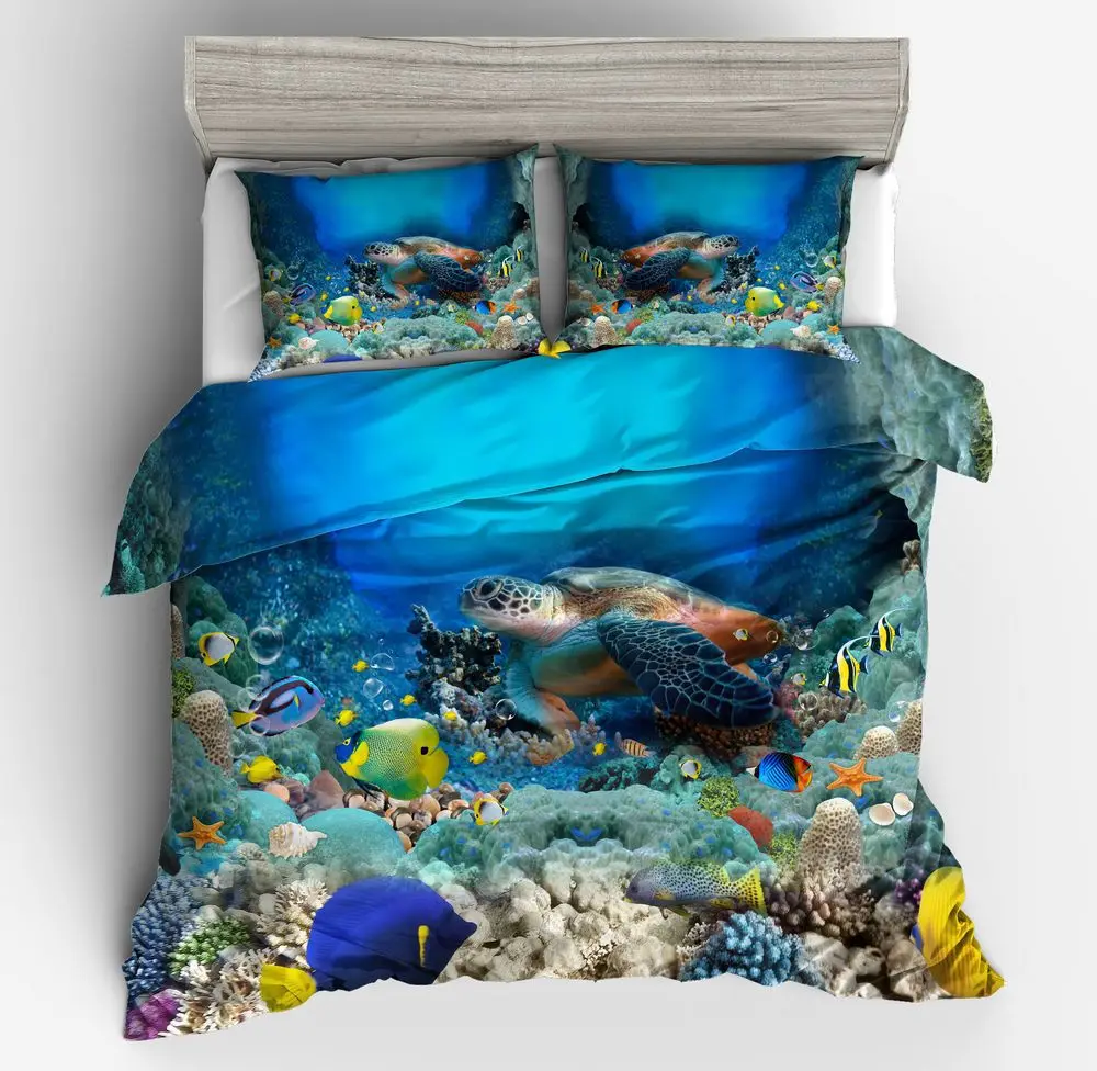 

Duvet Cover Seabed world sea turtle golden fish simple wind 2/3pcs British Style Family student dormitory Quilt cover pillowcase