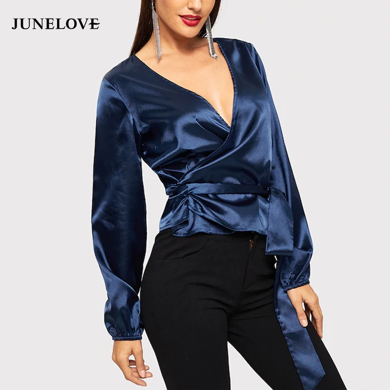 

JuneLove women autumn new solid V-Neck lace-up blouse office lady long sleeve sexy chiffon shirts female fashion blouse tops