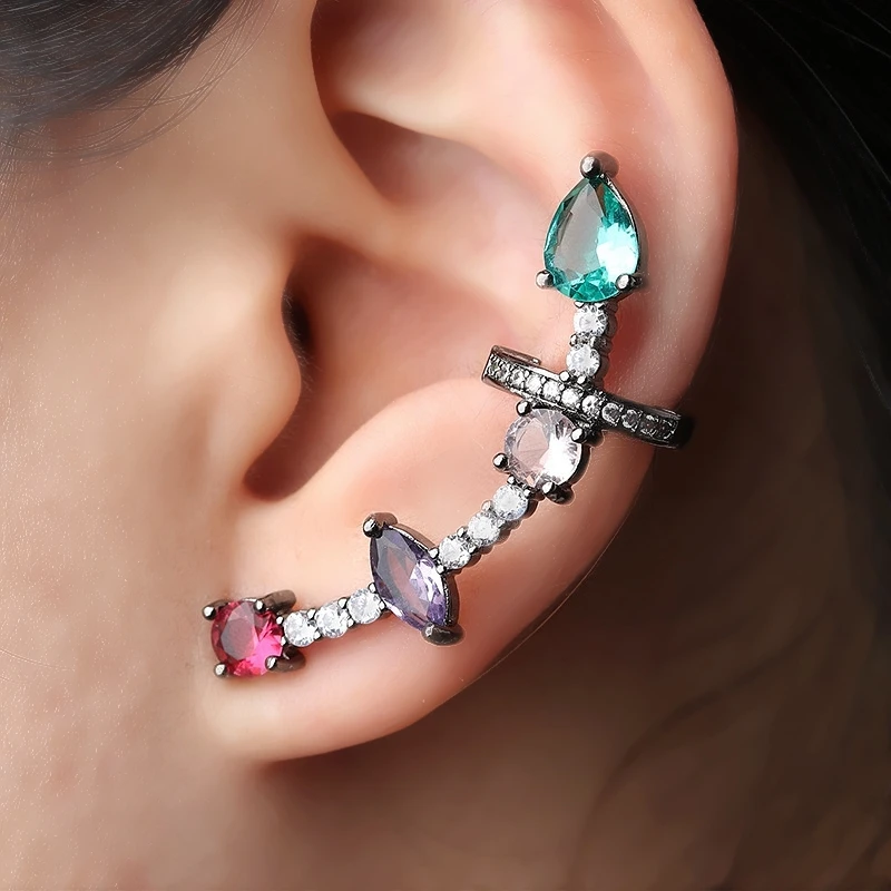 

Multicolor Ear Cuff Stud Earrings Green Crystal Water drop Paved zircons Stone Clip On Earrings Brinco for Women Fashion Jewelry