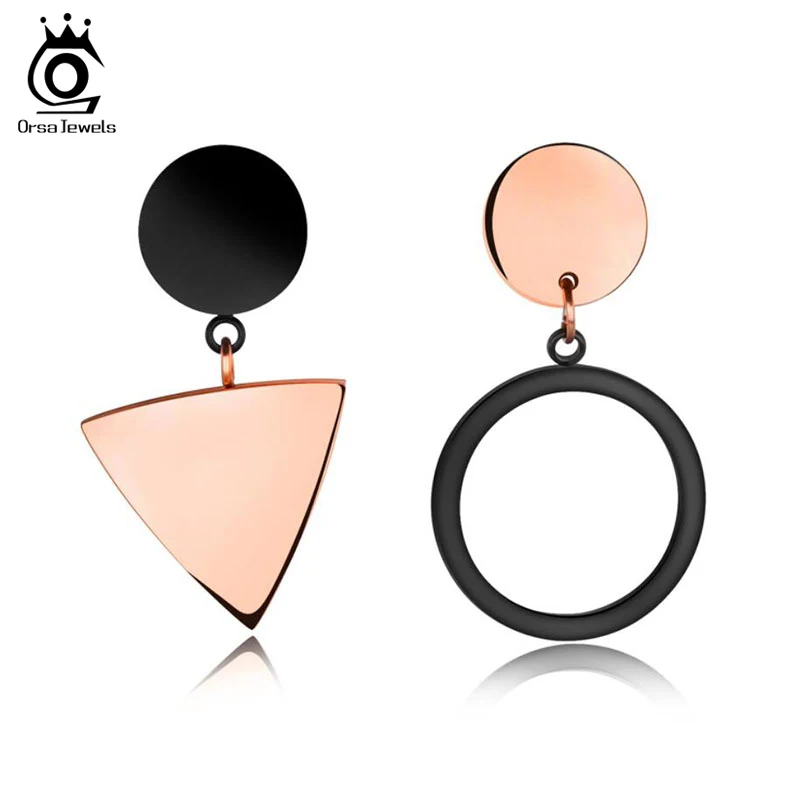 

ORSA JEWELS Stainless Steel Women Stud Earrings Unique Triangle&Round Shape Rose Gold Mix Black Color Earring Jewelry JTE170