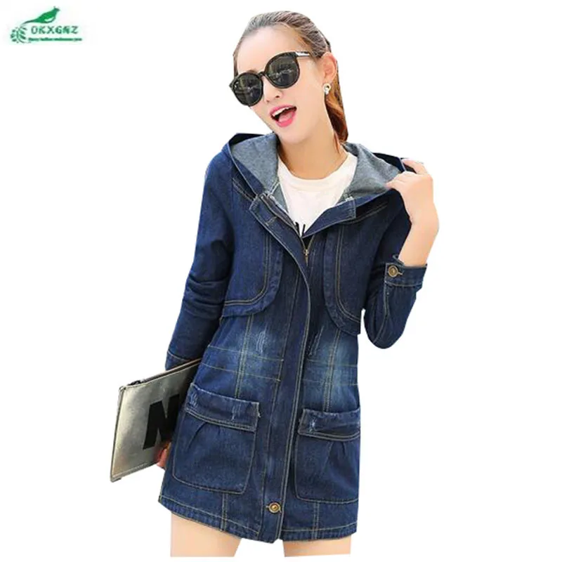 

Spring cowboy Outerwear Female 2019 Korean Slim hooded coat plus size S-5XL loose Medium long section Women's cowboy jacket