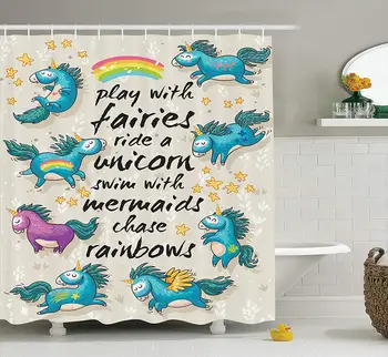 

Cartoon Shower Curtain Mythical Unicorns with Stars and Rainbow Legendary Creature Kids Theme Print Fabric Bathroom Decor