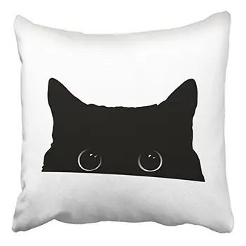 

Square Cushion White Halloween Cute Black Cat Face Big Eyes Peeking Silhouette Drawing Two Sides Print Pillowcase Bed Chair